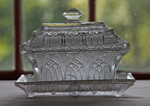 Lacy Gothic Arch And Heart Dish With Stepped Cover And Tray, B/K #3247, 3248 and 3249
