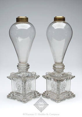 Pair Of Freeblown Fluid Lamps With Pressed Glass Bases, Similar to B/K #2076
