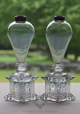 Pair Of Freeblown Fluid Lamps With Pressed Glass Bases, Similar to B/K #2076