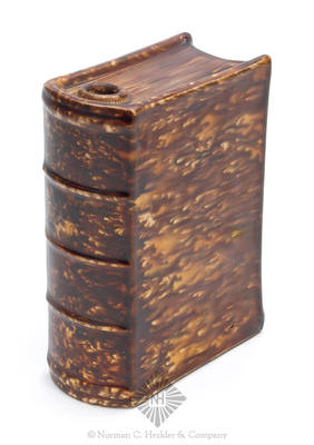 "Departed / Spirits. / G." Flint Enamel Pottery Figural Book Flask, Similar in form and construction to Barret pg. 316