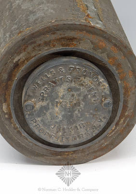 "Spratt's Patent / July 18. / 1854 / Wells & Provost / Proprietors N.Y." Tin Fruit Can, L #2687