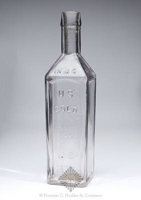 "U.S. / Gold / Bitters / U.S. / U.S / Gold / (US $20 Coin) / U.S / 1877 / Registered / In U.S / Patent / Office" Bitters Bottle, R/H #U-11