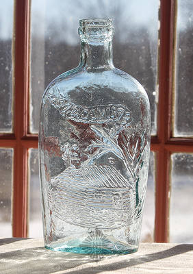 Anchor And "Spring Garden / Glass Works" - Log Cabin Historical Flask, Similar to both GXIII-58 and GXIII-59