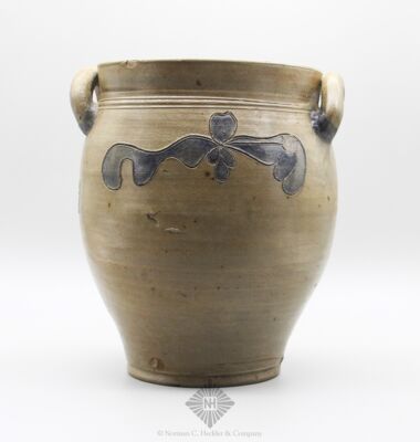 Stoneware Crock With Blue Flourish Decoration